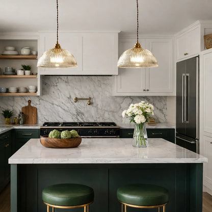Farmhouse Industrial Ribbed Glass Dome Pendant Light