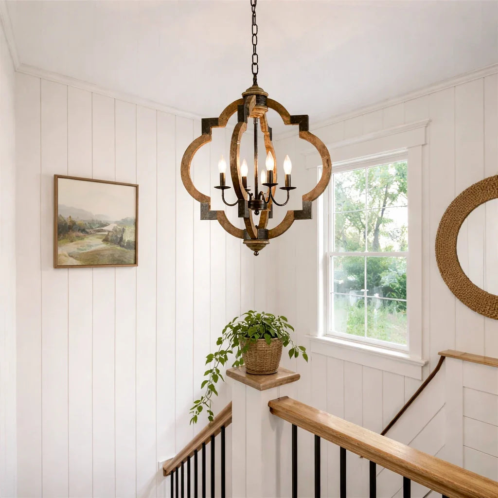 Zeno Farmhouse 4-Light Wood & Iron Lantern Chandelier