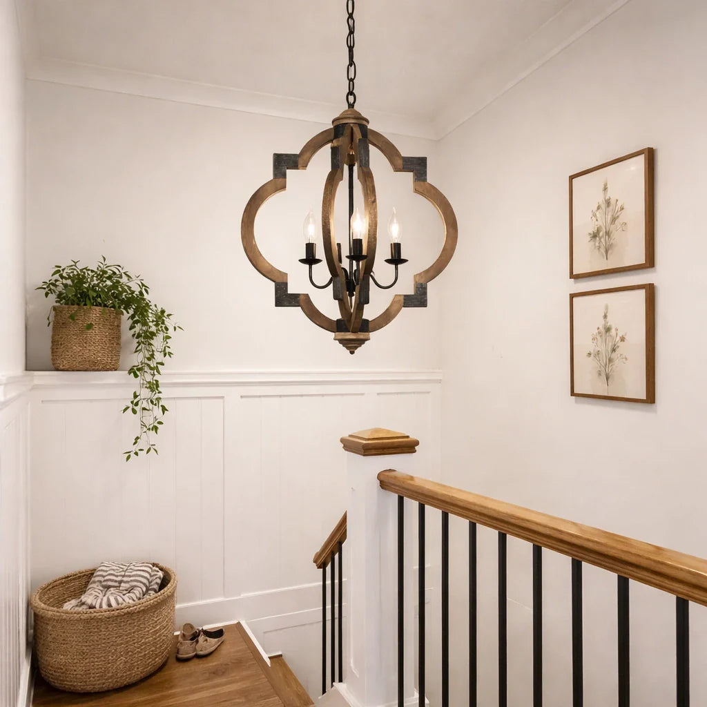 Zeno Farmhouse 4-Light Wood & Iron Lantern Chandelier