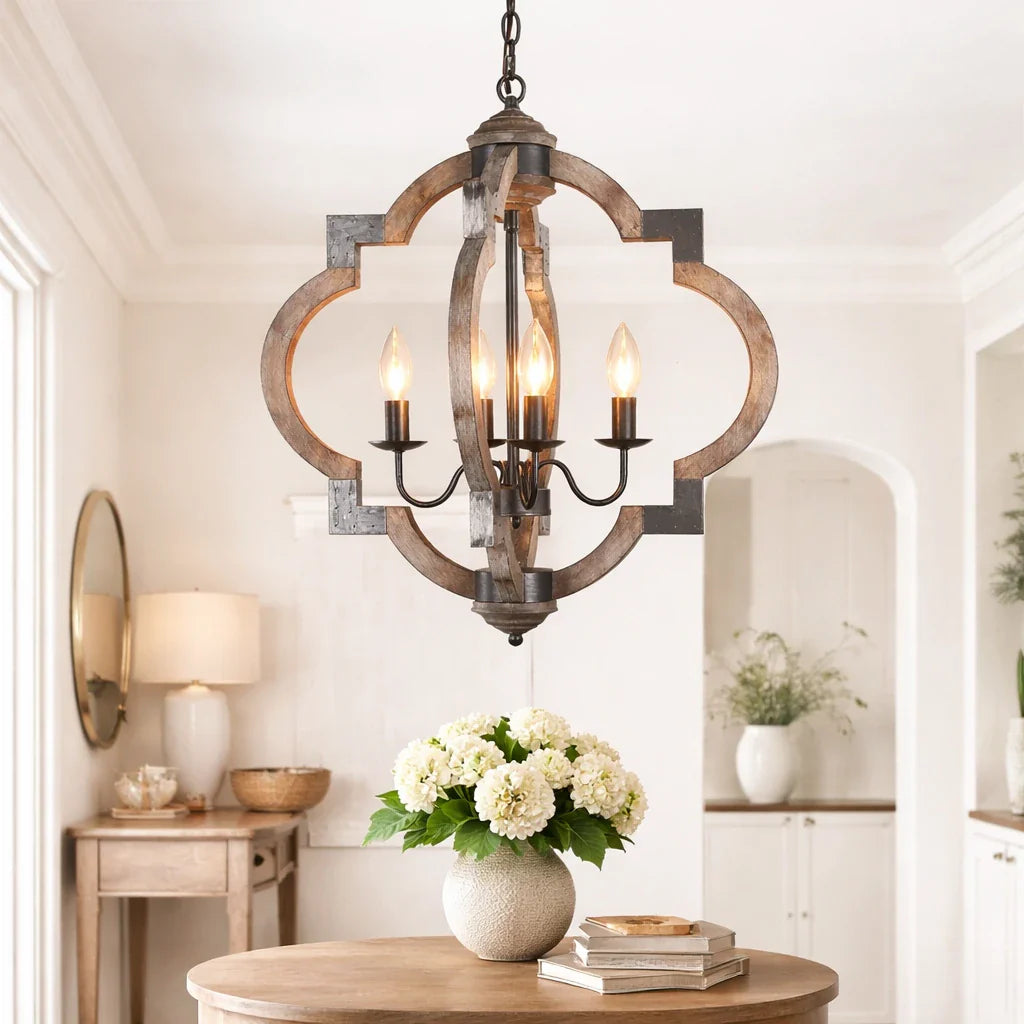 Zeno Farmhouse 4-Light Wood & Iron Lantern Chandelier