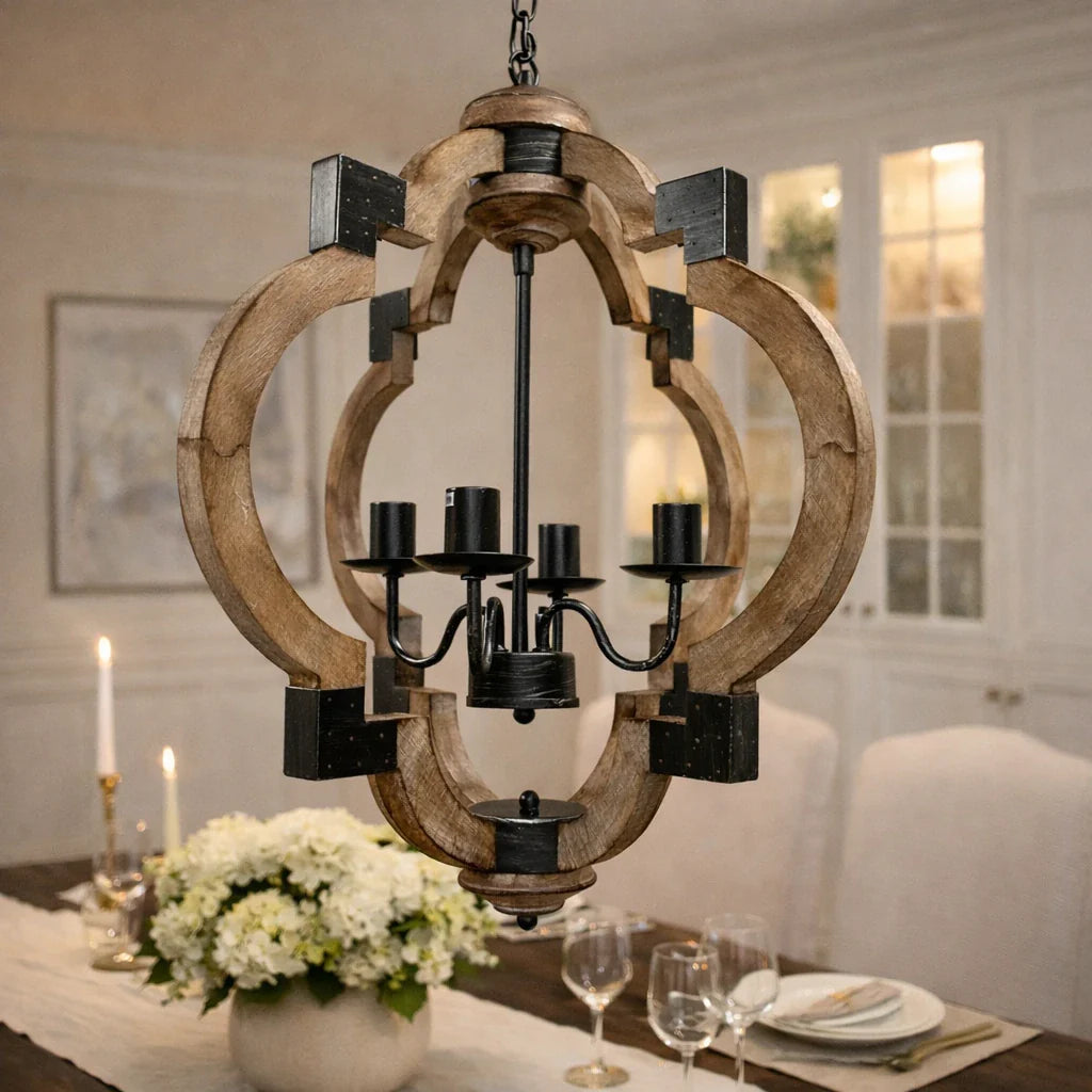 Zeno Farmhouse 4-Light Wood & Iron Lantern Chandelier