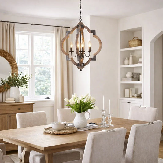 Farmhouse Style 4-Light Wooden Round Lantern Ceiling Light