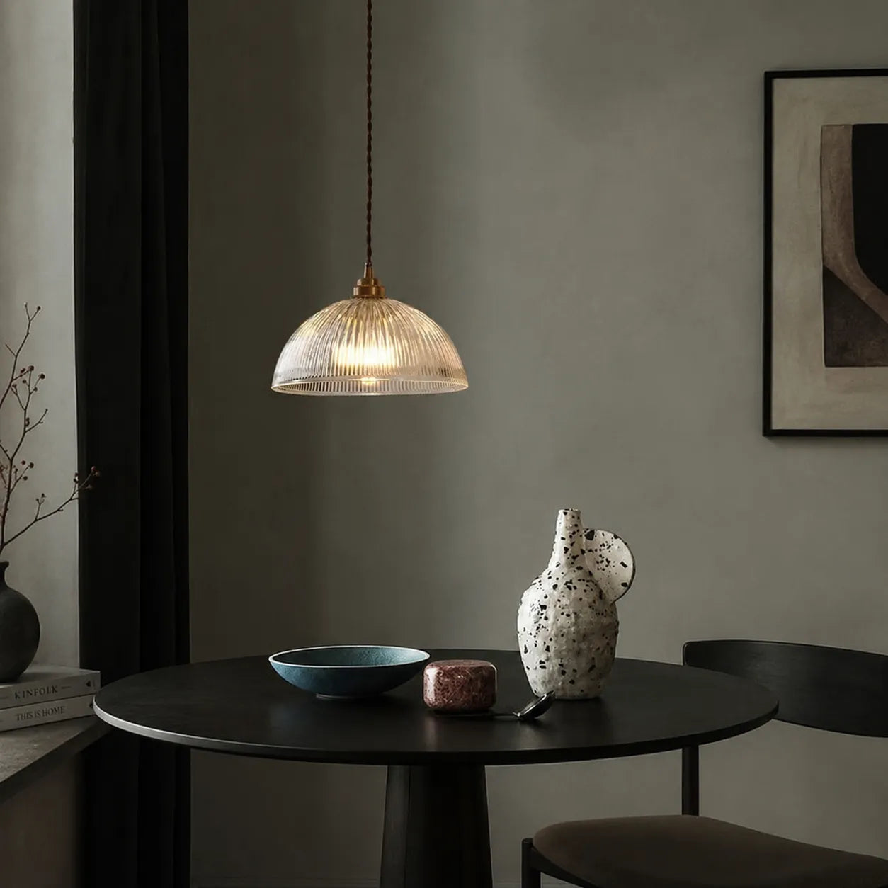 Farmhouse Industrial Ribbed Glass Dome Pendant Light