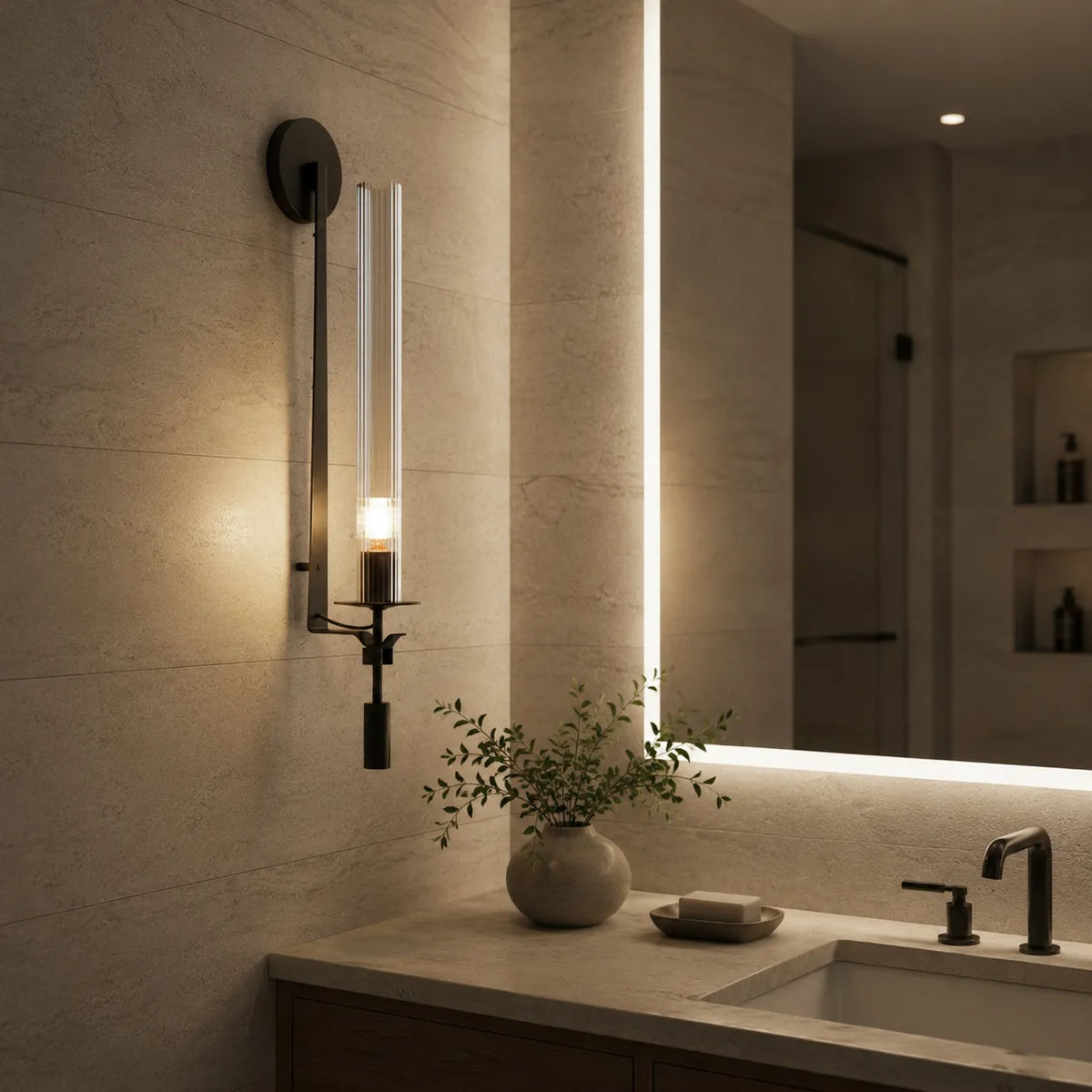 Avelela Modern Fluted Glass & Iron Wall Light