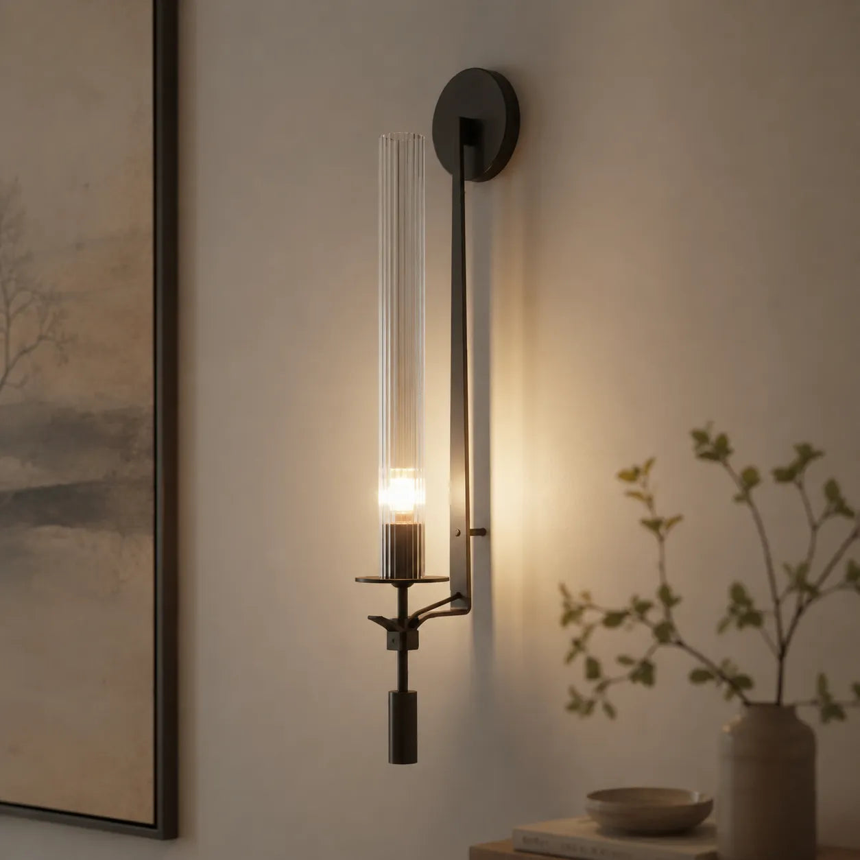 Fluted Glass and Iron Wall Sconce
