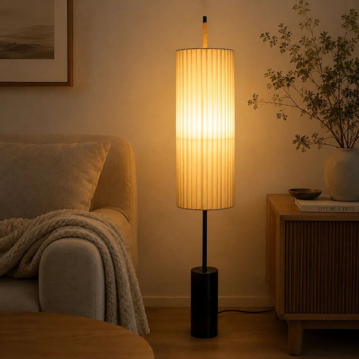 Farah Minimalist Hand-Knitted Fabric & Marble Floor Lamp