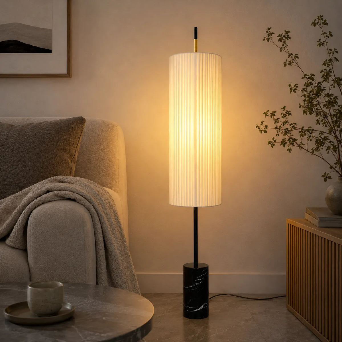 Farah Minimalist Hand-Knitted Fabric & Marble Floor Lamp