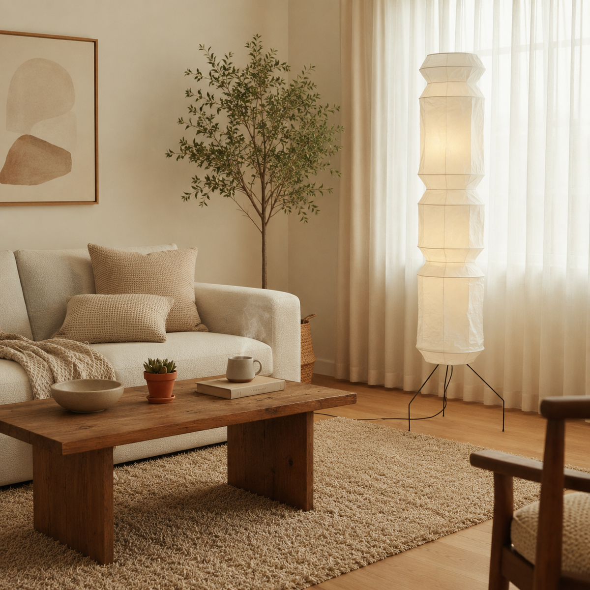 Aveline Japanese Washi Paper & Wood Floor Lamp