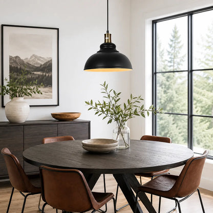Industrial Black Dome Pendant Light with Brass Accent