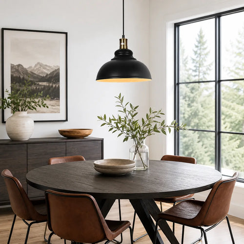 Industrial Black Dome Pendant Light with Brass Accent