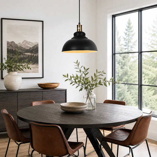 Industrial Black Dome Pendant Light with Brass Accent