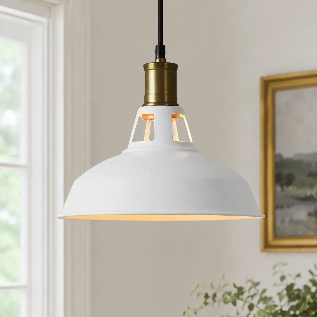 Industrial Black Dome Pendant with Brass Accents