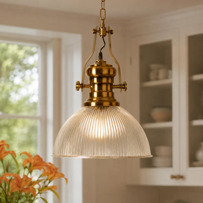 Industrial Glass Pendant Light with Vintage Brass Hardware