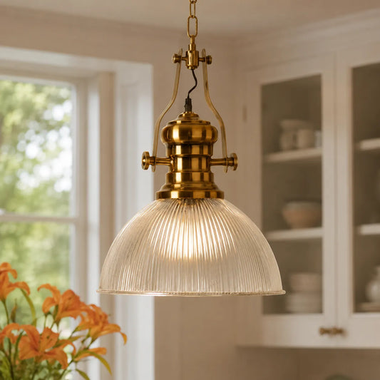 Industrial Glass Pendant Light with Vintage Brass Hardware
