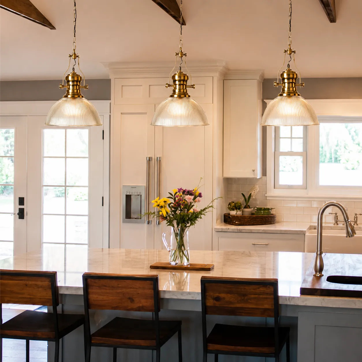 Industrial Glass Pendant Light with Vintage Brass Hardware