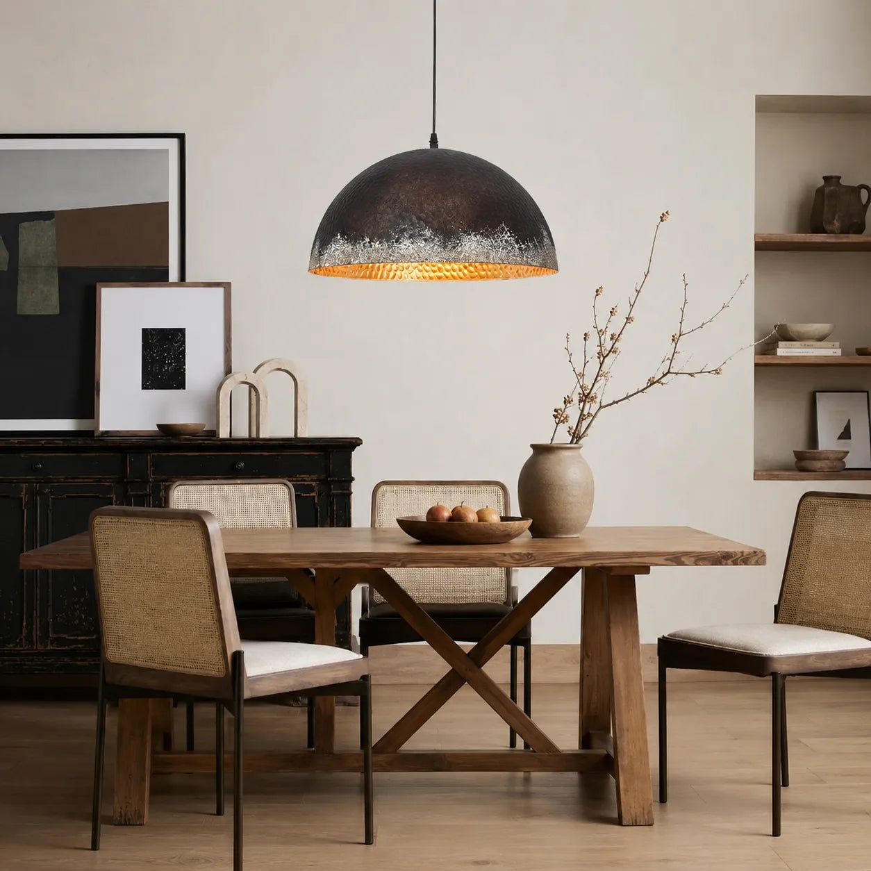 Industrial Hammered Metal Dome Pendant Light with Rustic Patina