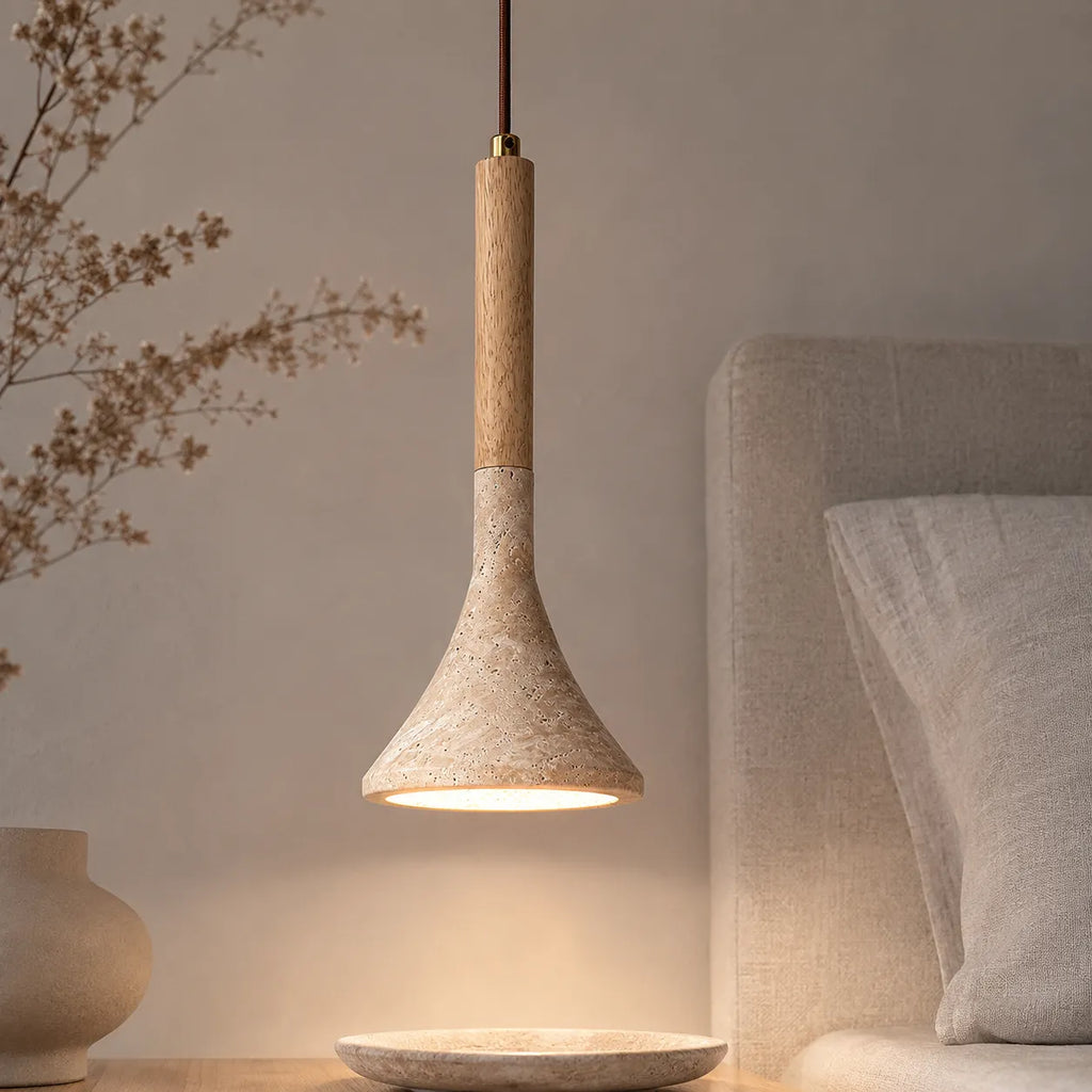 Ariette Japandi Travertine & Wood Pendant Light