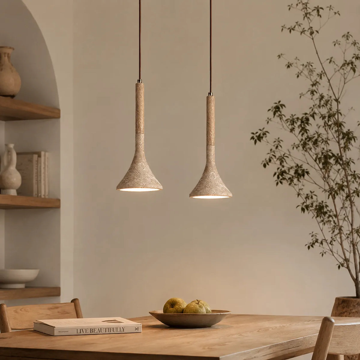 Ariette Japandi Travertine & Wood Pendant Light