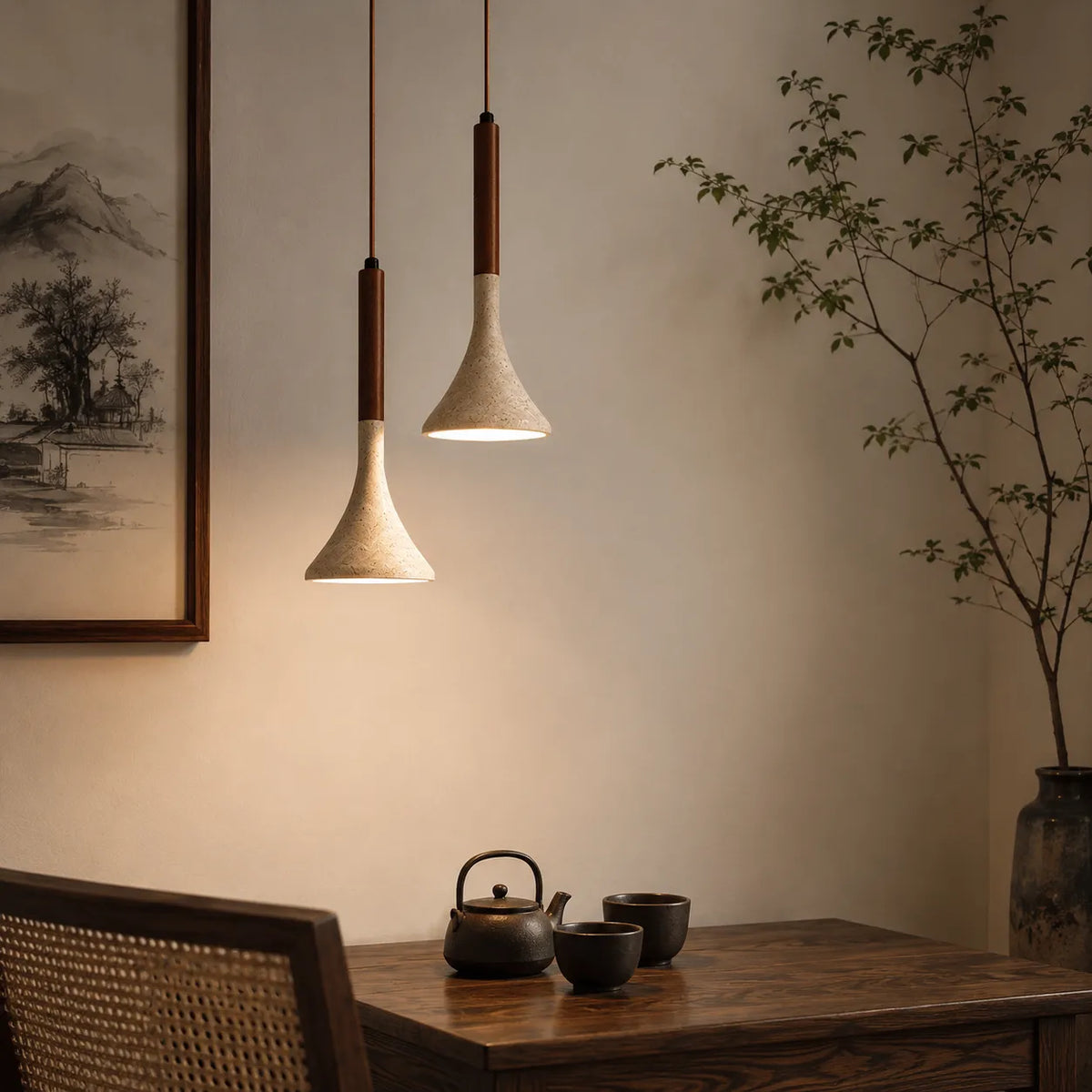 Ariette Japandi Travertine & Wood Pendant Light