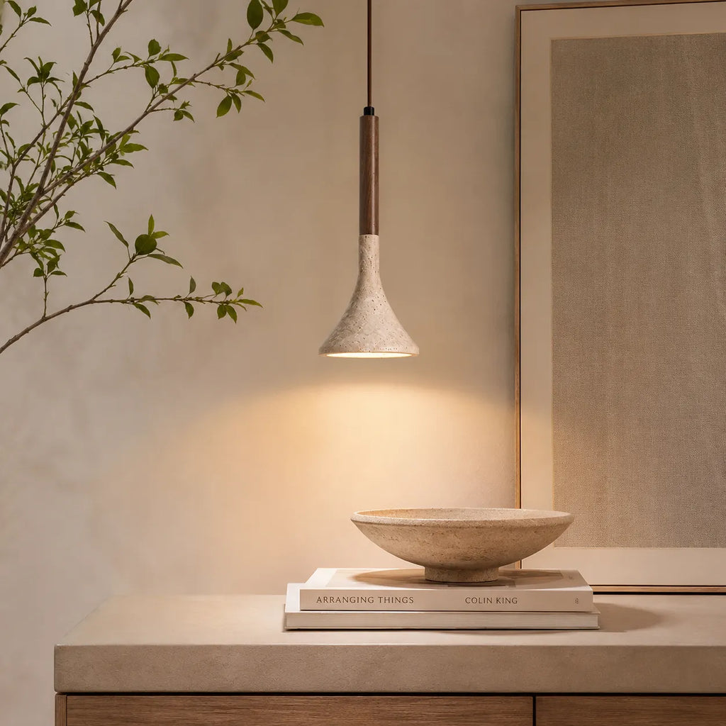Ariette Japandi Travertine & Wood Pendant Light