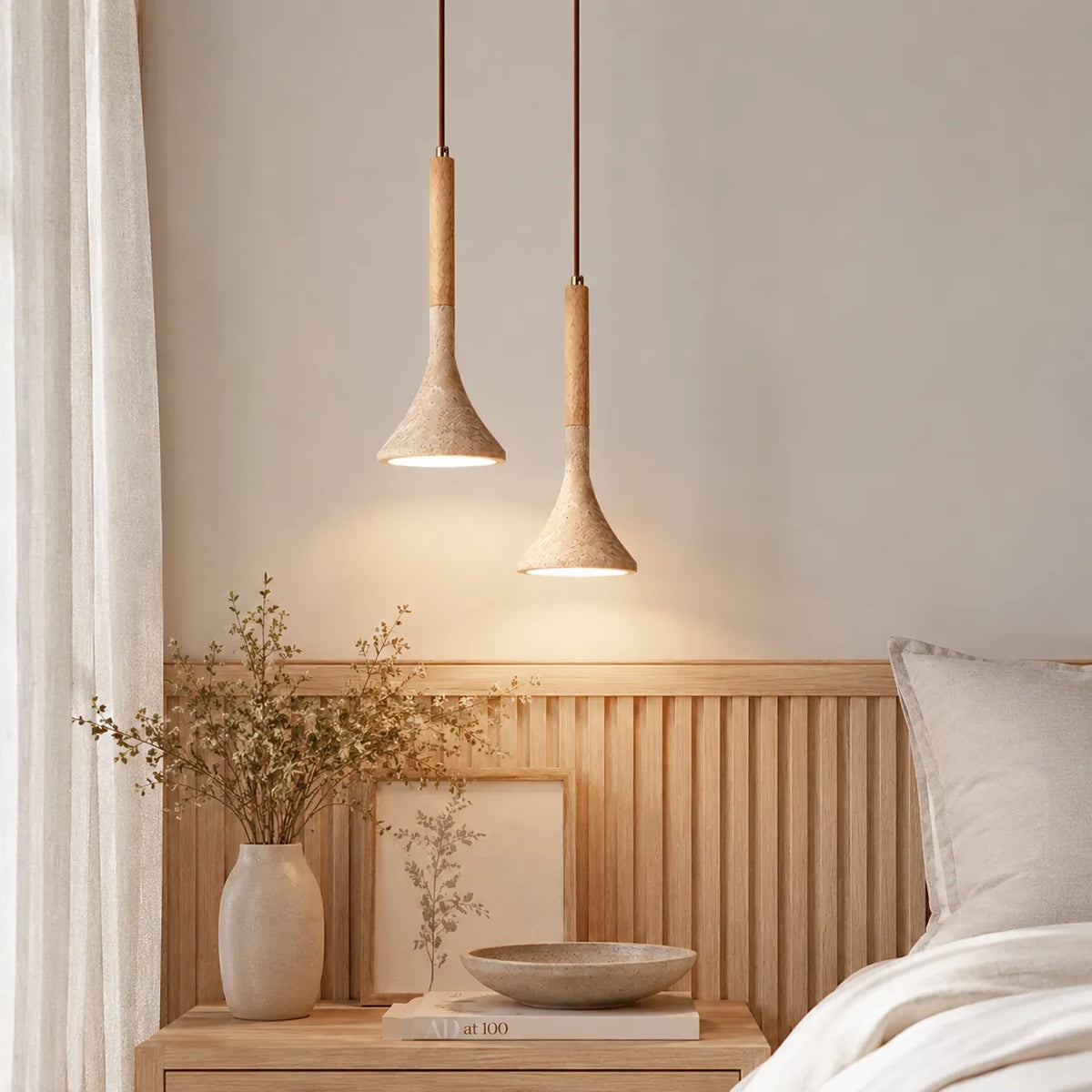 Ariette Japandi Travertine & Wood Pendant Light