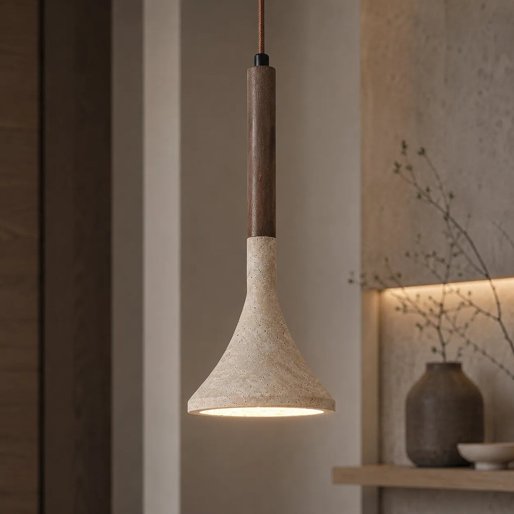 Ariette Japandi Travertine & Wood Pendant Light