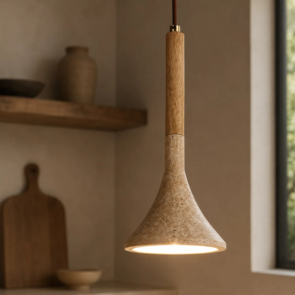 Ariette Japandi Travertine & Wood Pendant Light