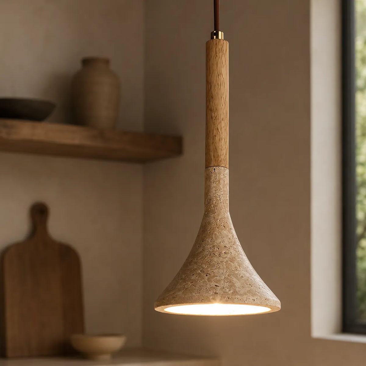 Ariette Japandi Travertine & Wood Pendant Light