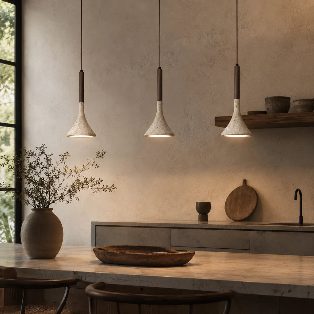 Ariette Japandi Travertine & Wood Pendant Light