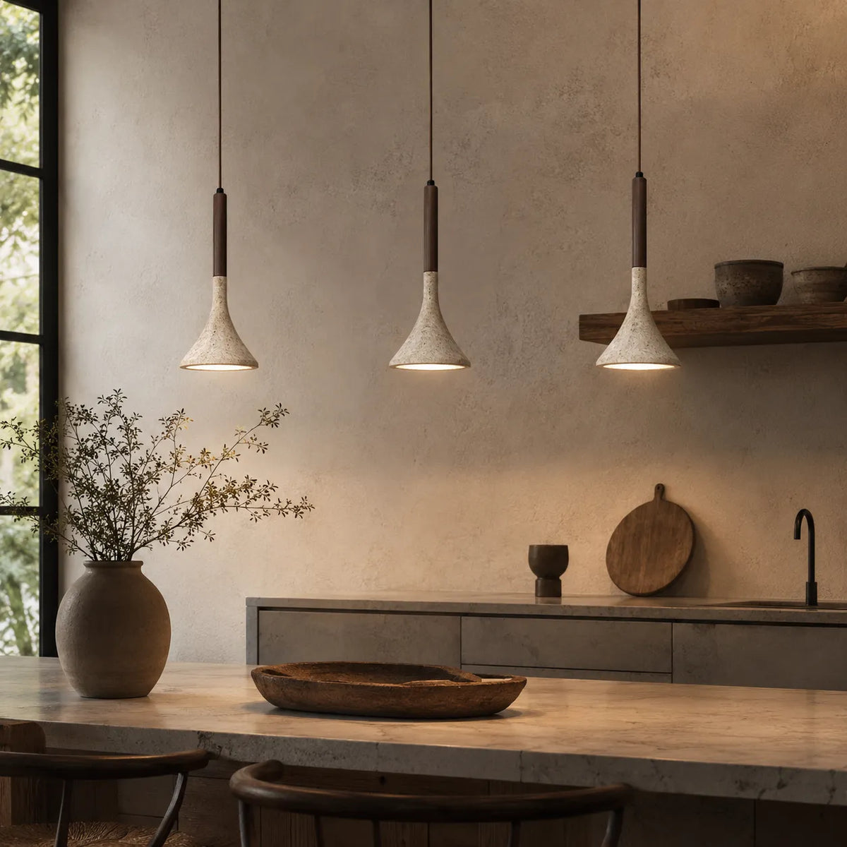 Ariette Japandi Travertine & Wood Pendant Light