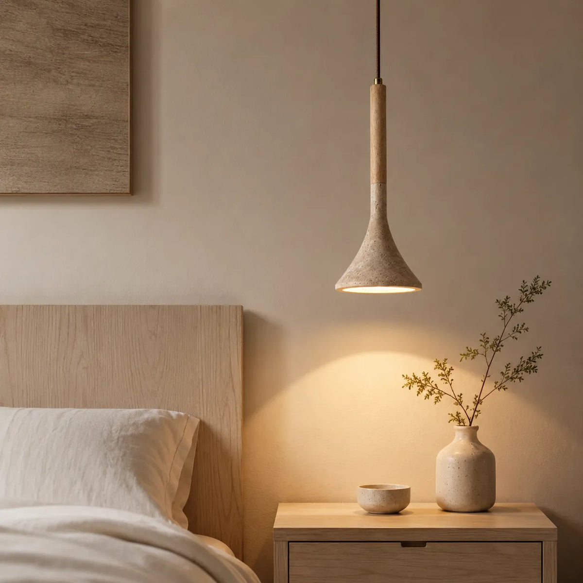 Ariette Japandi Travertine & Wood Pendant Light