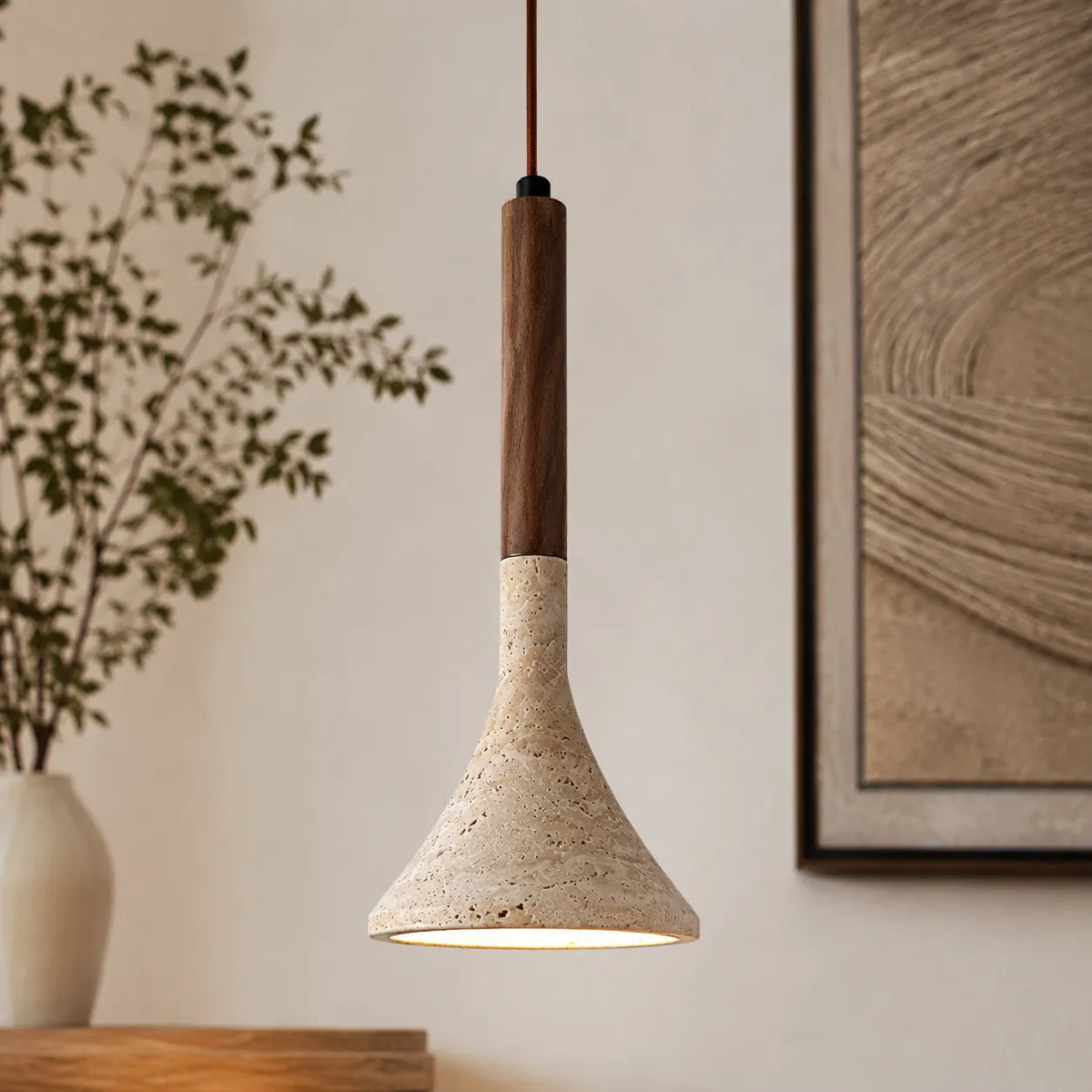 Ariette Japandi Travertine & Wood Pendant Light