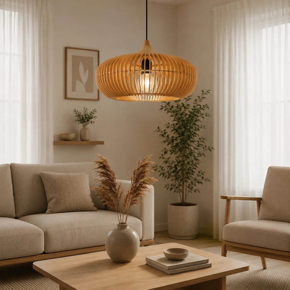 Ottilie Japandi Halo-Inspired Natural Wood Pendant Light