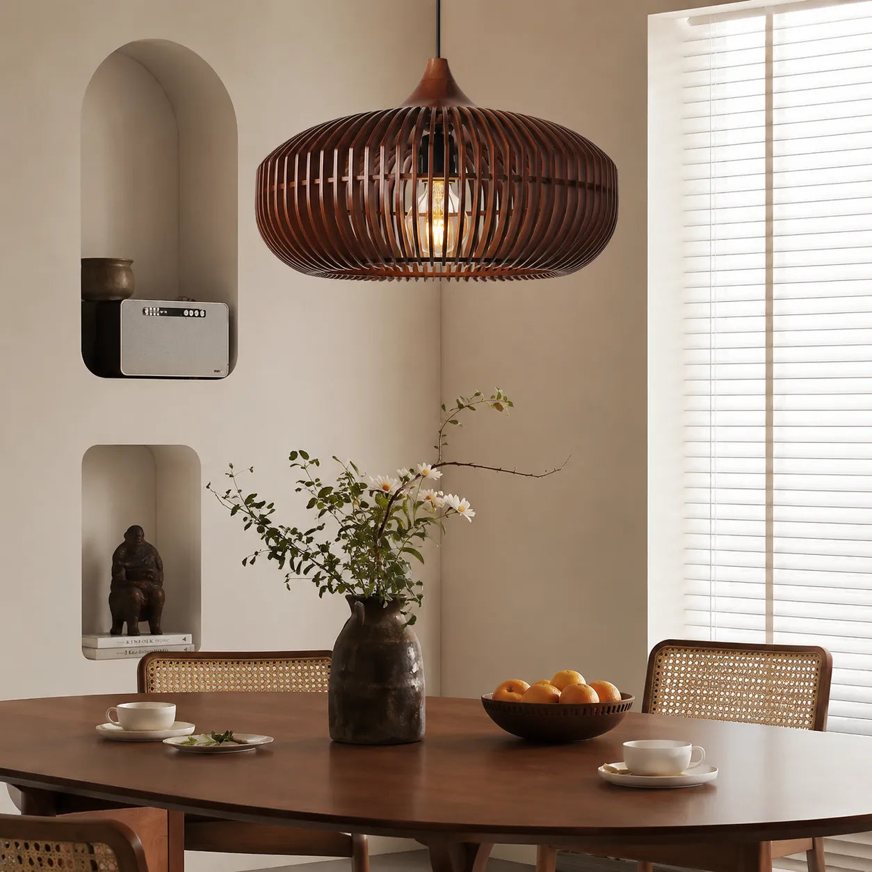 Japandi Wood Pendant Light with Halo-Inspired Form