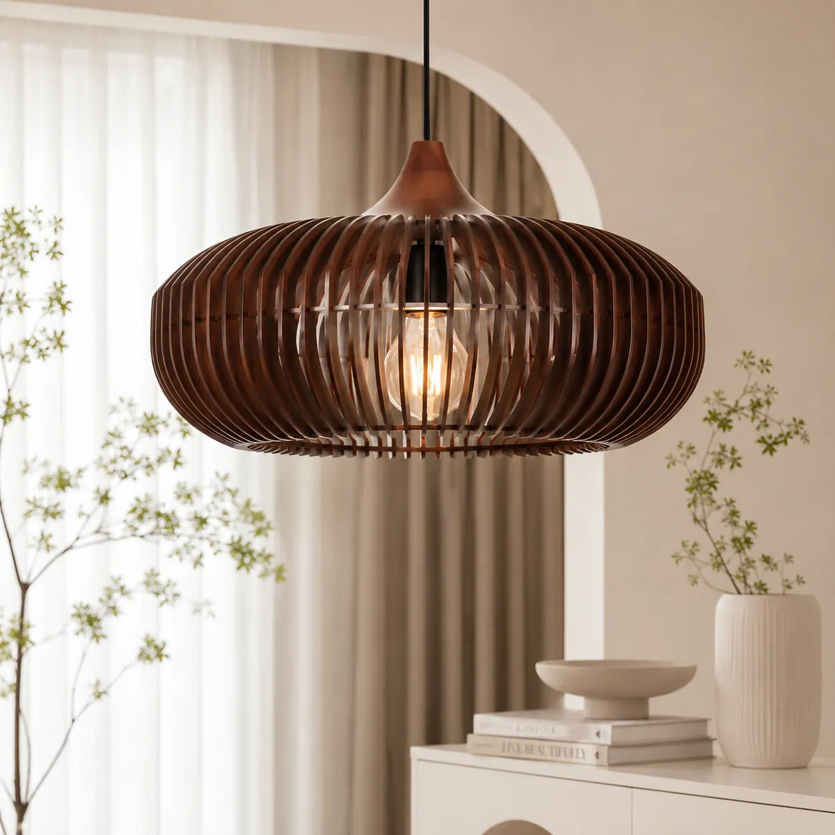 Ottilie Japandi Halo-Inspired Natural Wood Pendant Light