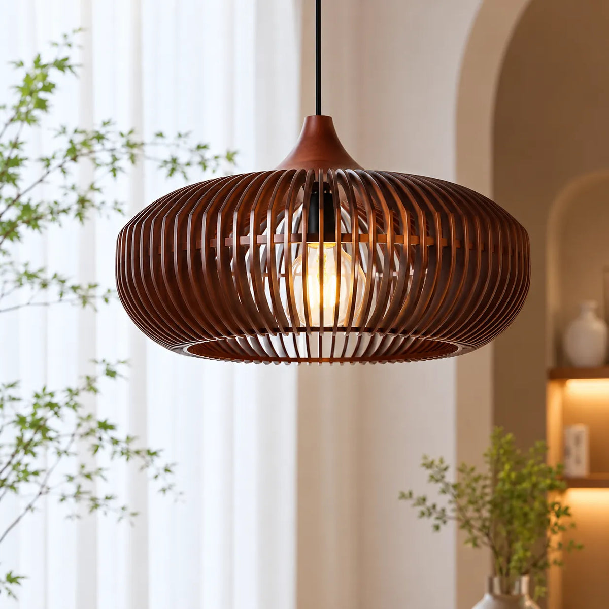 Ottilie Japandi Halo-Inspired Natural Wood Pendant Light