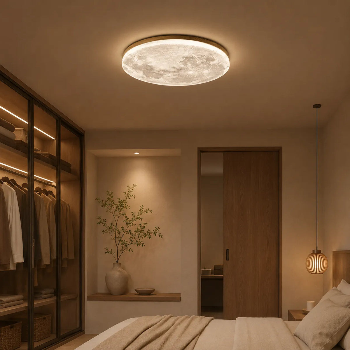 Avelaya Scandinavian Wood-Framed Celestial LED Ceiling Light