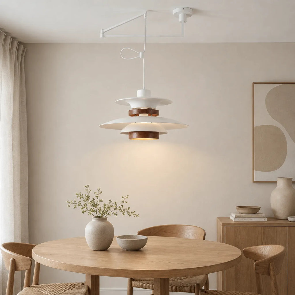 Lucien Scandinavian Wood Accent Adjustable Arm Pendant Light