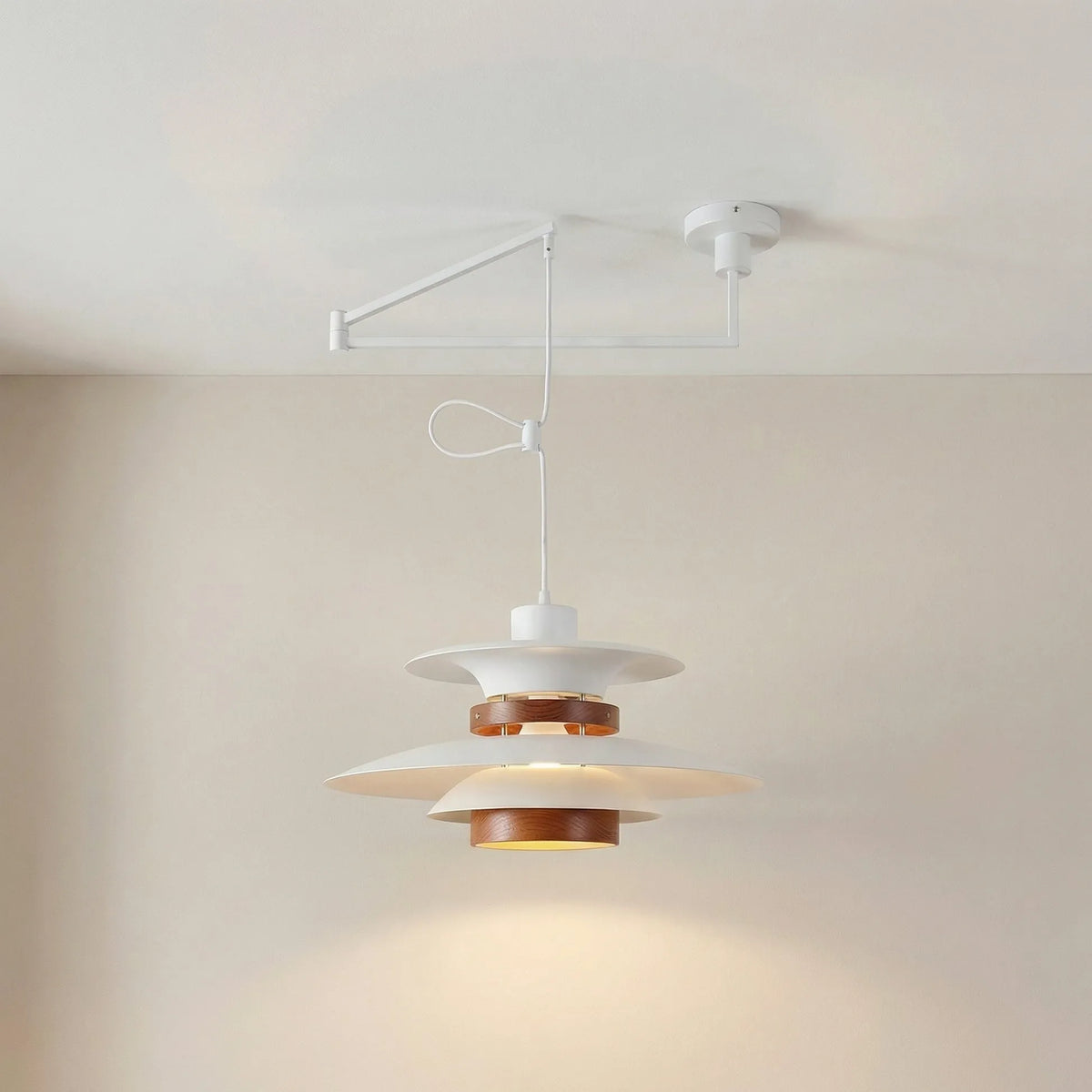 Lucien Scandinavian Wood Accent Adjustable Arm Pendant Light