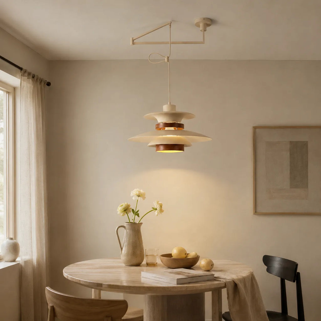 Lucien Scandinavian Wood Accent Adjustable Arm Pendant Light