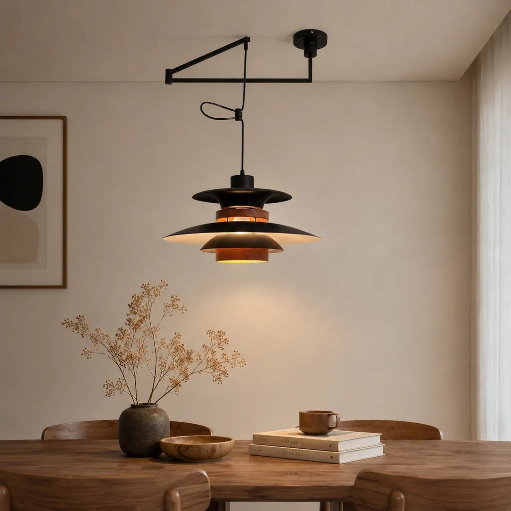 Lucien Scandinavian Wood Accent Adjustable Arm Pendant Light
