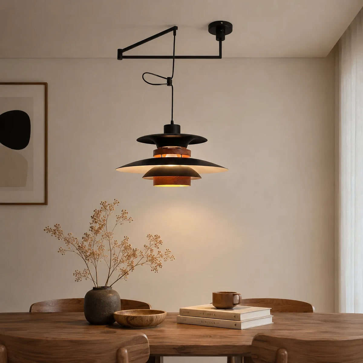 Lucien Scandinavian Wood Accent Adjustable Arm Pendant Light
