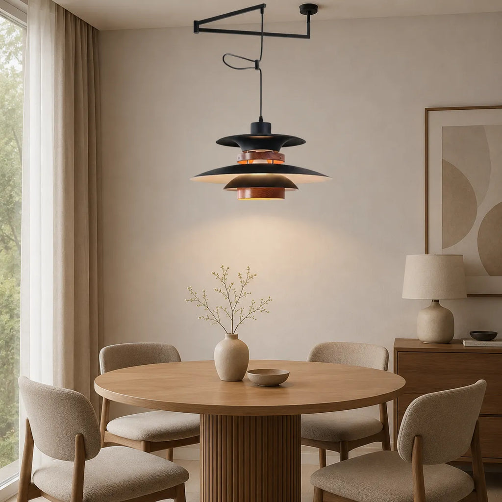Lucien Scandinavian Wood Accent Adjustable Arm Pendant Light