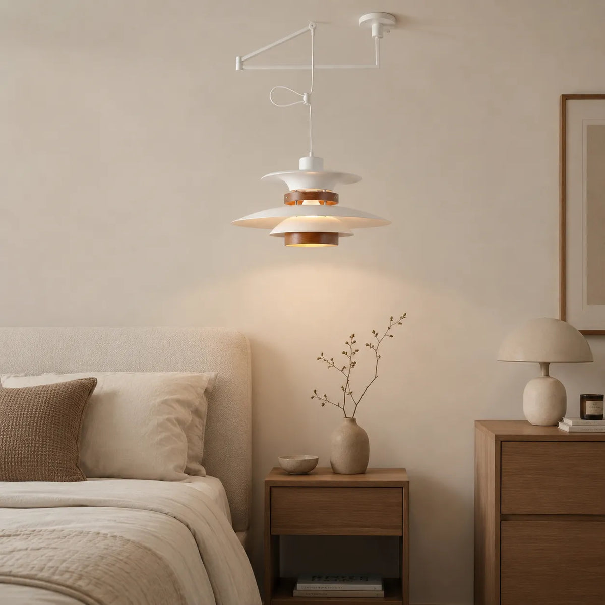 Lucien Scandinavian Wood Accent Adjustable Arm Pendant Light
