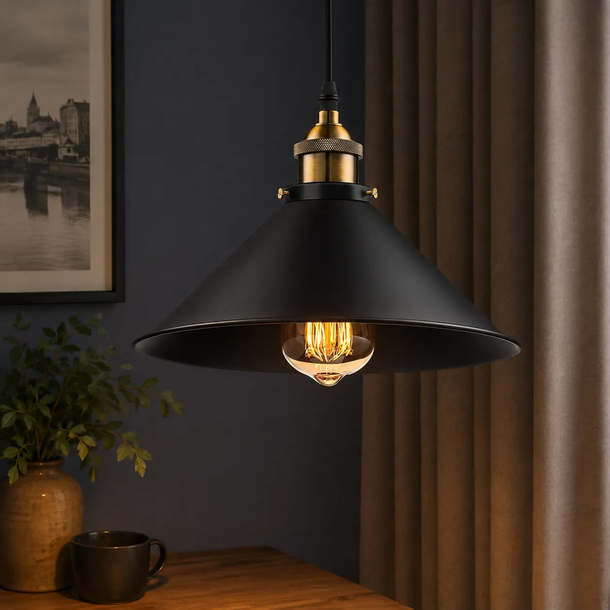 Paloma Industrial Brass-Accent Metal Cone Pendant Light
