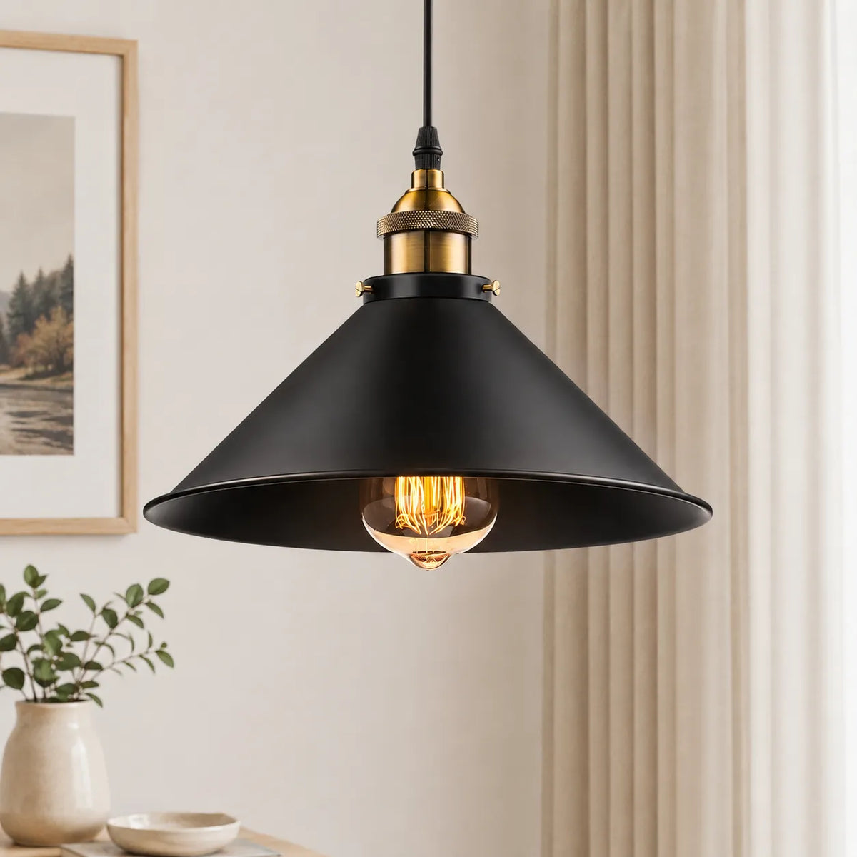 Paloma Industrial Brass-Accent Metal Cone Pendant Light