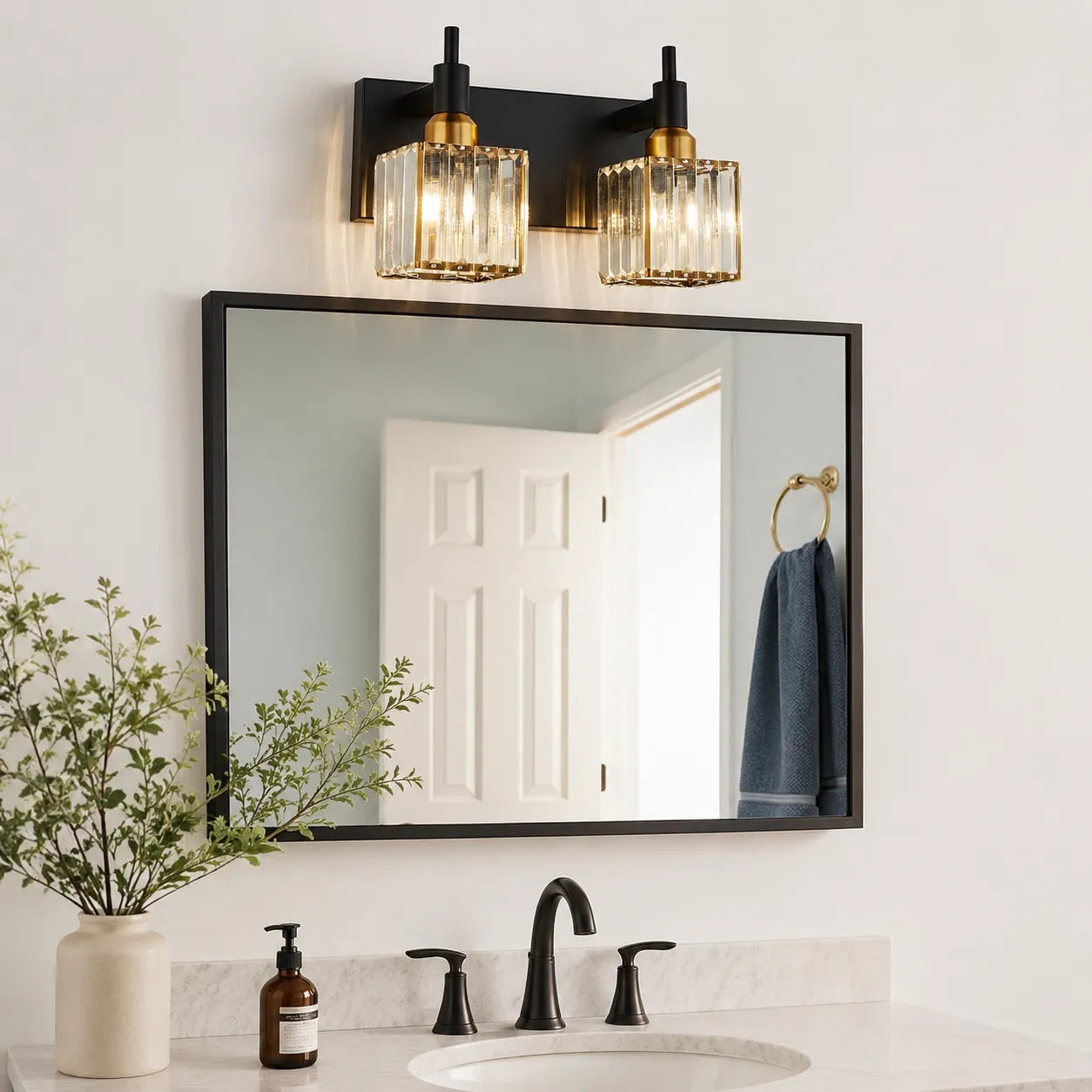 Luxury Crystal Vanity Wall Light with Fluted Glass Shades