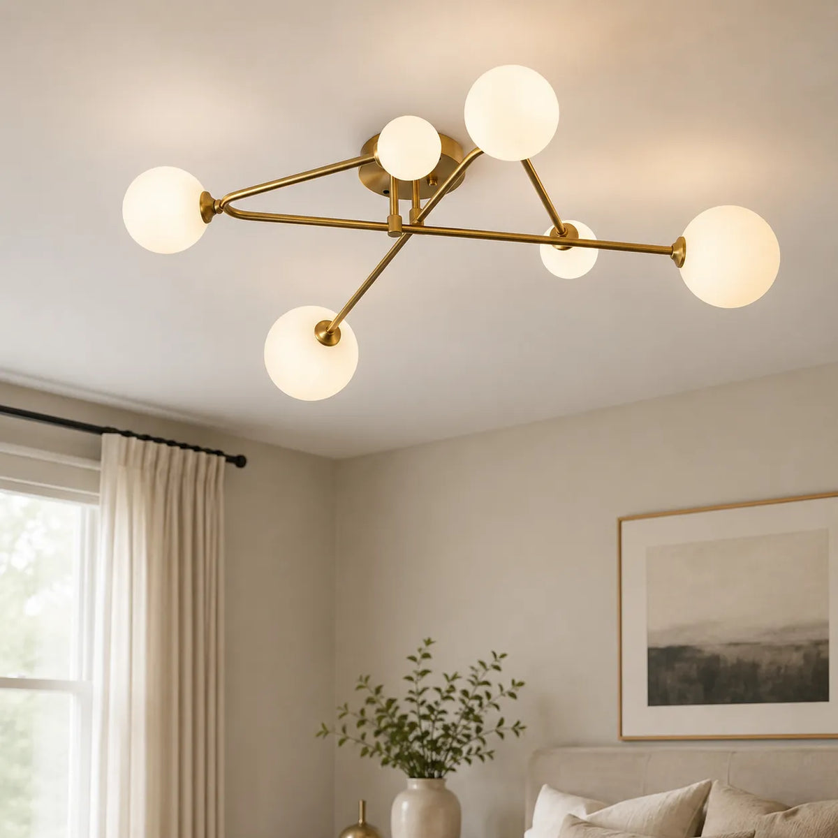Greta Mid-Century 6-Light Frosted Glass Sputnik Semi-Flush Ceiling Light