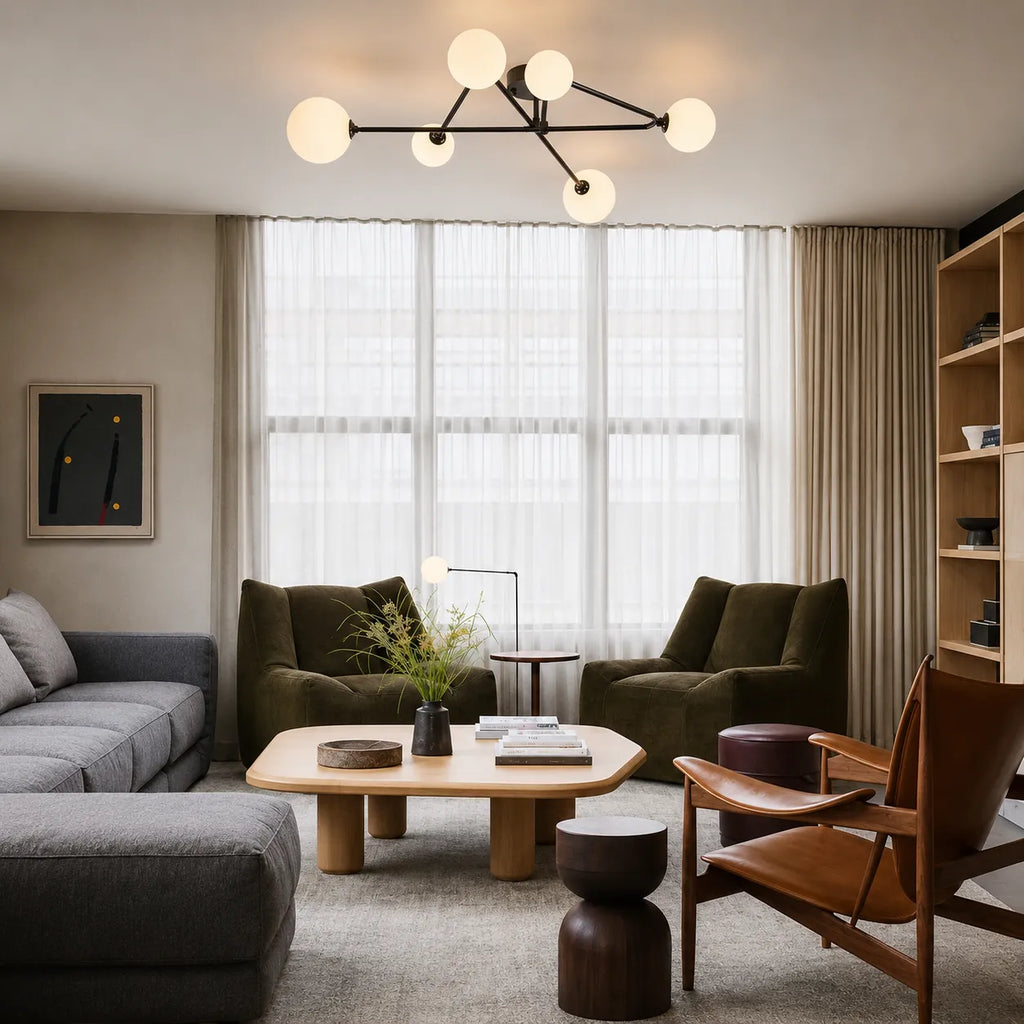 Greta Mid-Century 6-Light Frosted Glass Sputnik Semi-Flush Ceiling Light