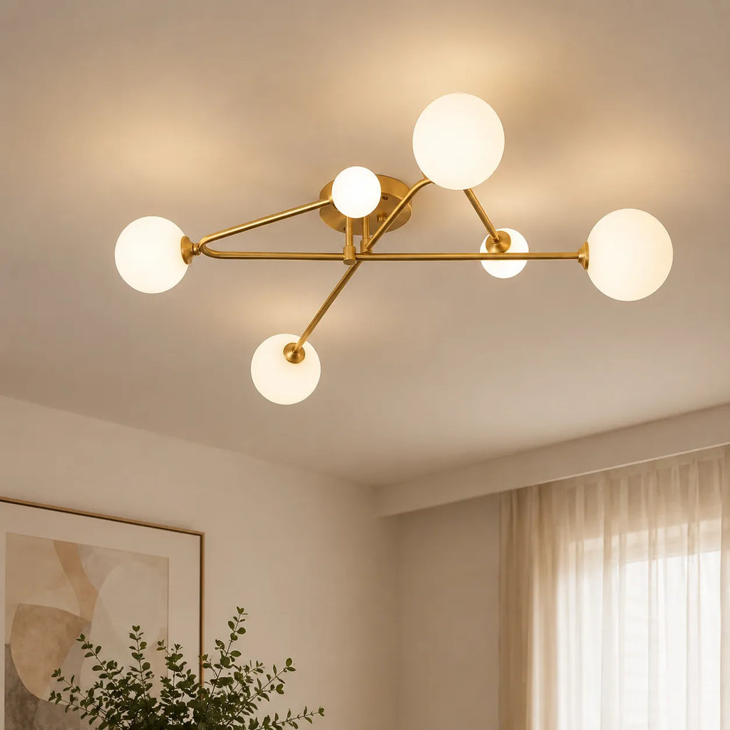 Greta Mid-Century 6-Light Frosted Glass Sputnik Semi-Flush Ceiling Light